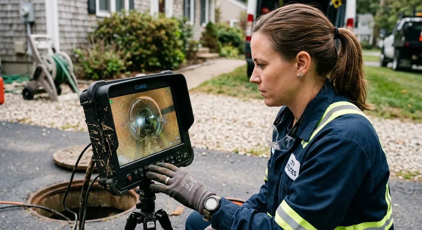 Technician reviewing sewer camera inspection footage in Oakwood